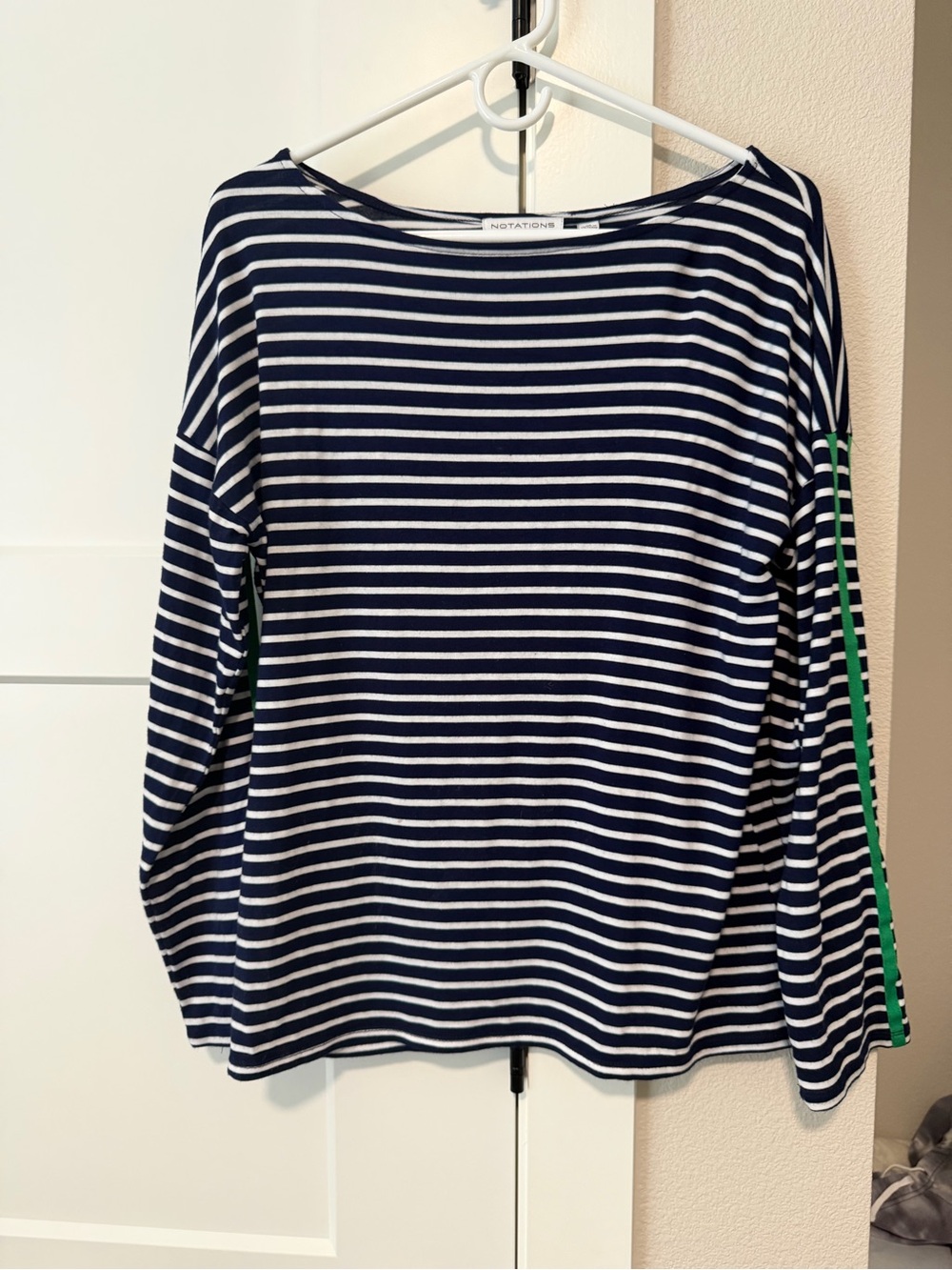 Notations Navy/White Striped Long Sleeve Top size medium with green strip sleeve
